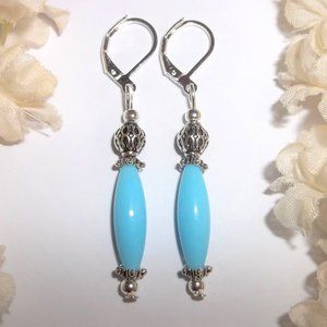 Drop Earrings Turquoise Blue & Silver Lever Back Dangle Beaded Southwestern A264